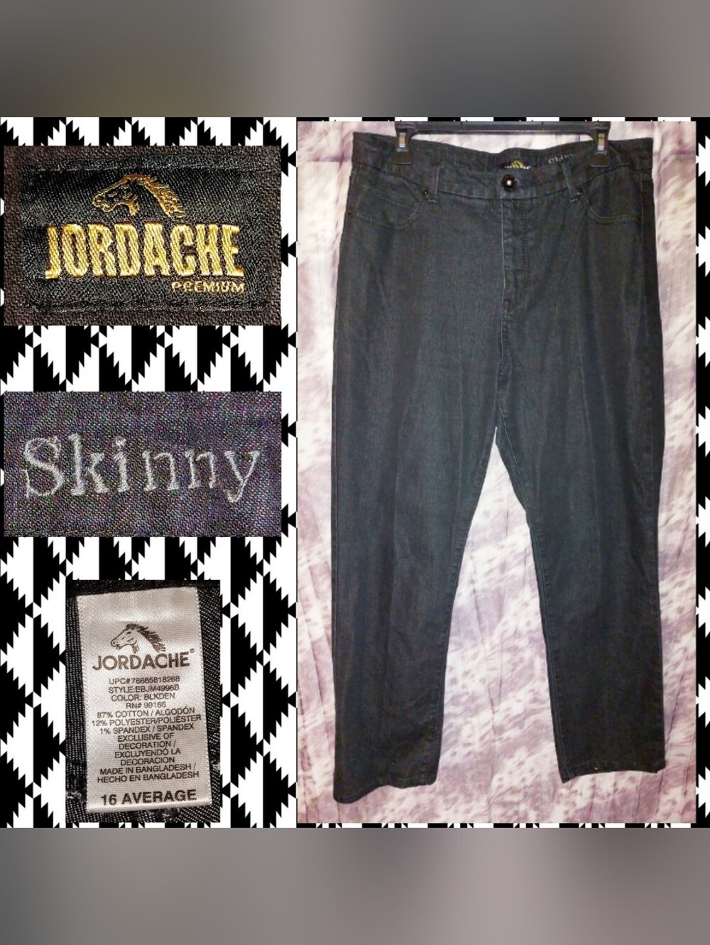 Jordache Premium Deep Black Straight Leg Skinny Woven Denim Jeans Sz 16 Average
